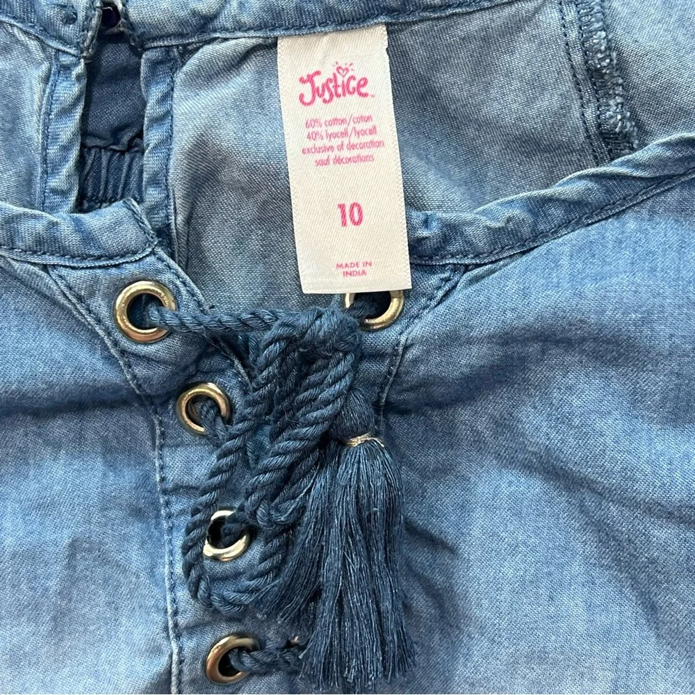 Justice Denim Romper Lace Up‎ Tassels Ruffle Sleeve Girls Size 10